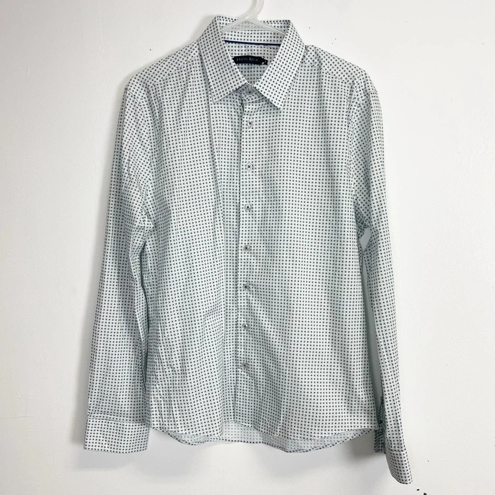 NEW Stone Rose Shirt Men Small Button Up Geometric Print Gray Woven NWOT
